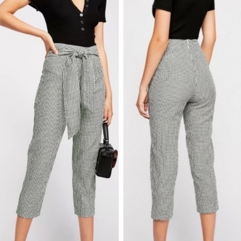 Free People West Side Tie Gingham Cropped Pants Sz 2